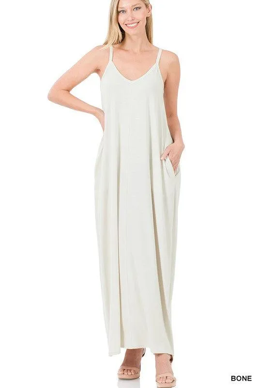 Womens V-Neck Cami Maxi Dress With Side Pockets