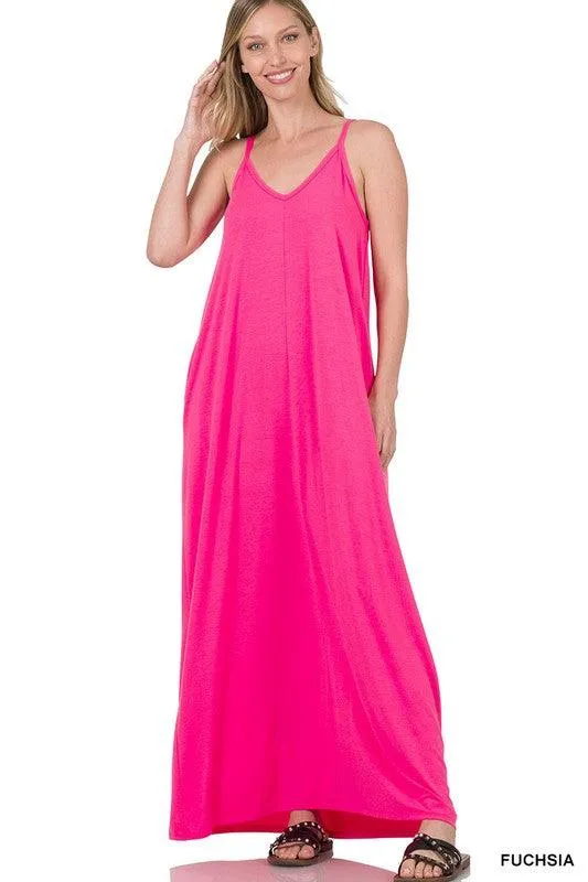 Womens V-Neck Cami Maxi Dress With Side Pockets