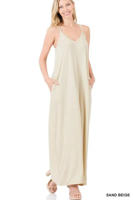 Womens V-Neck Cami Maxi Dress With Side Pockets