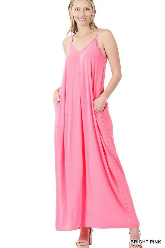 Womens V-Neck Cami Maxi Dress With Side Pockets