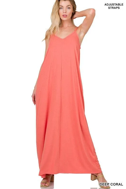 Womens V-Neck Cami Maxi Dress With Side Pockets