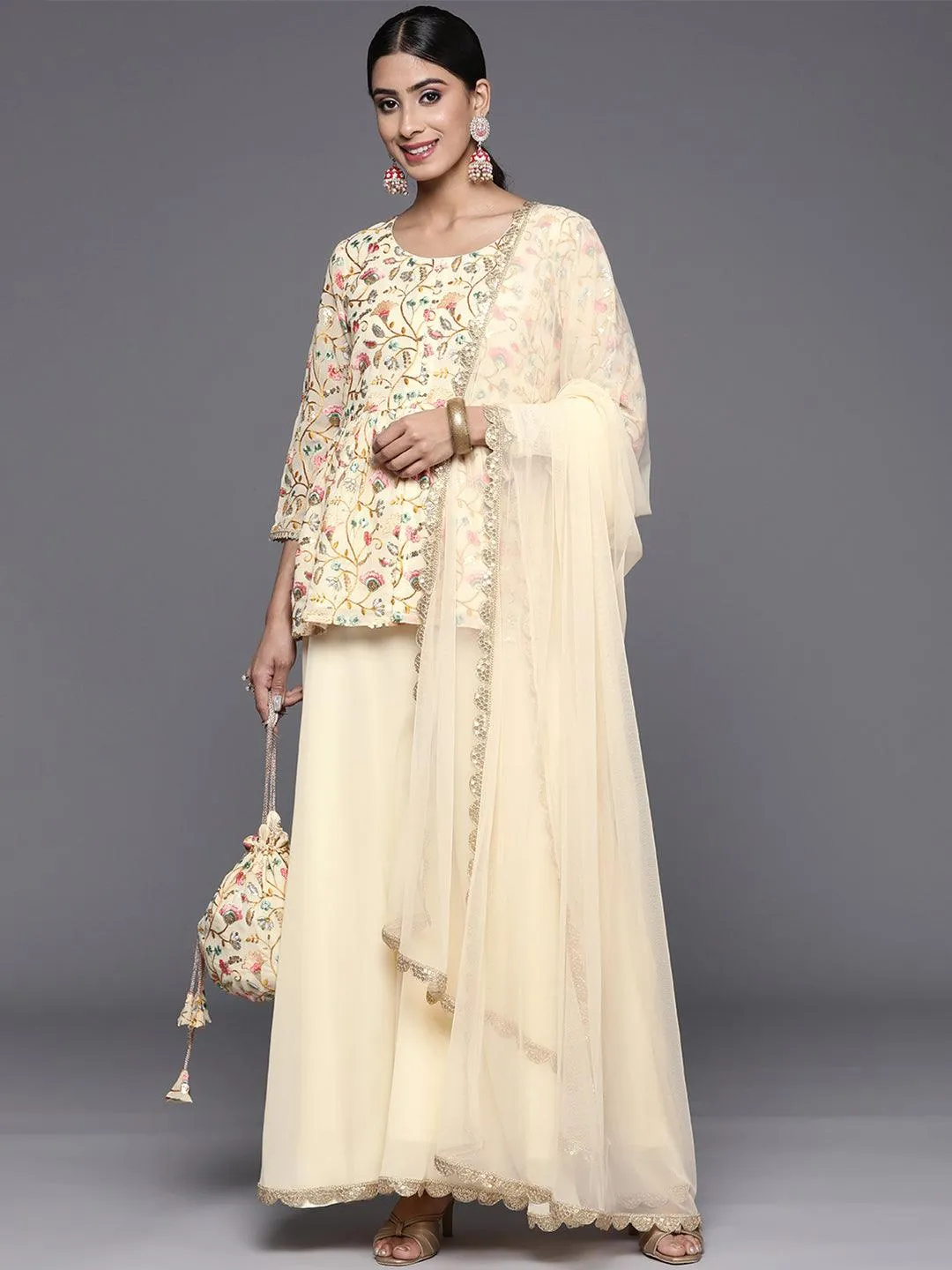 Yellow Embroidered Georgette A-Line Kurti With Palazzos & Dupatta