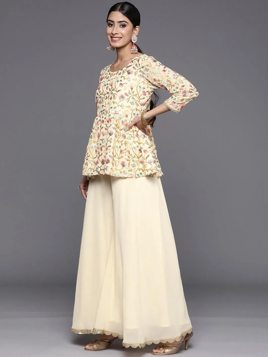 Yellow Embroidered Georgette A-Line Kurti With Palazzos & Dupatta