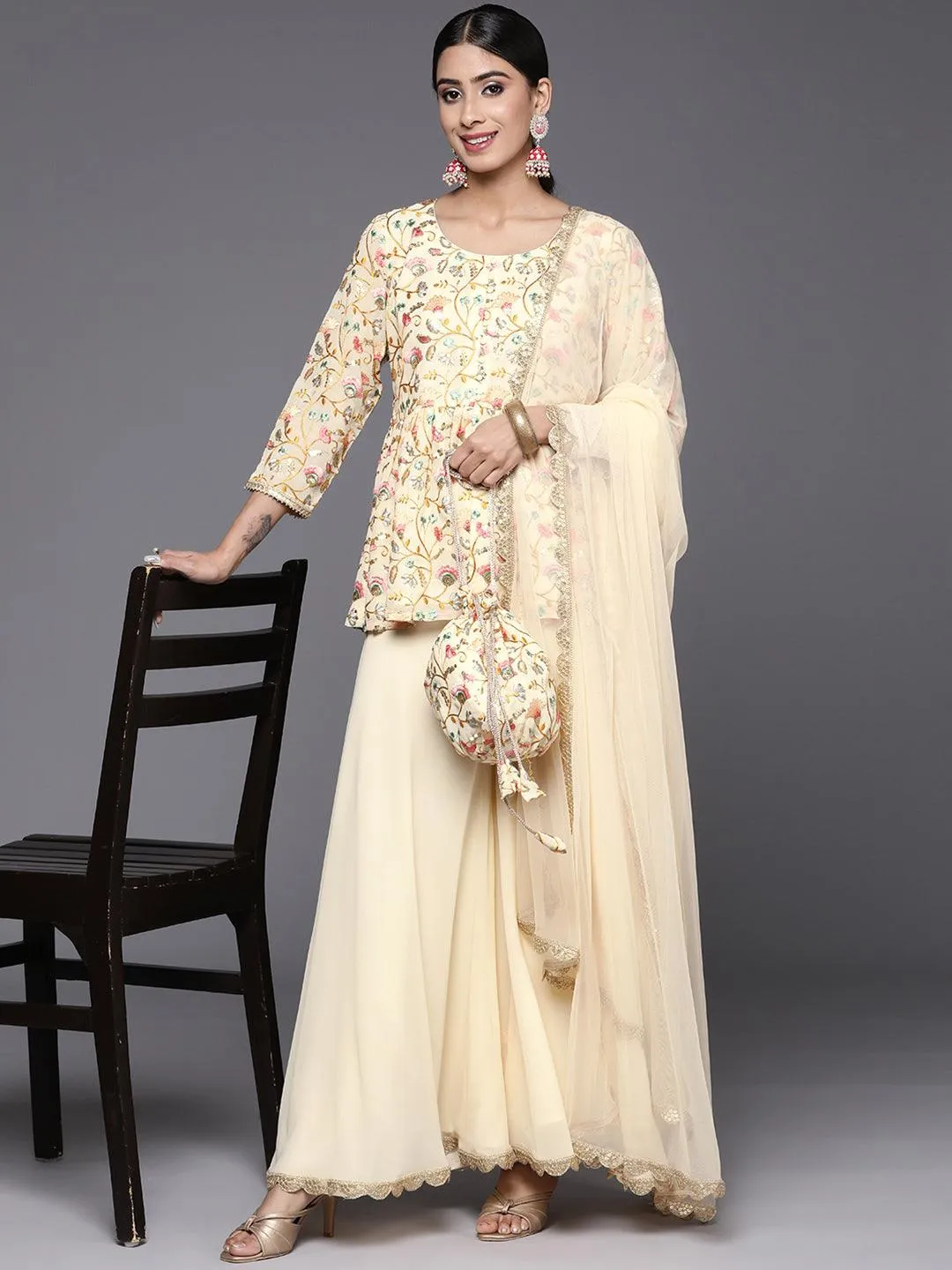 Yellow Embroidered Georgette A-Line Kurti With Palazzos & Dupatta